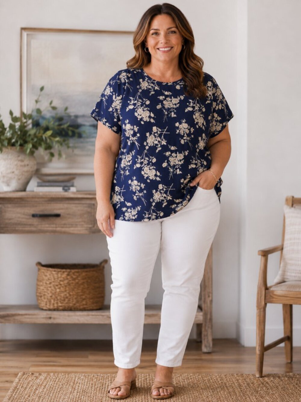 Navy Blue Floral Short-Sleeve Blouse – XL